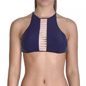 Navy High Neck Bikini Top with Strappy Detail